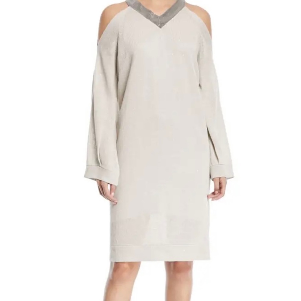 BRUNELLO CUCINELLI $2,675 V-Neck Cold-Shoulder Linen Silk Paillette Tunic Dress